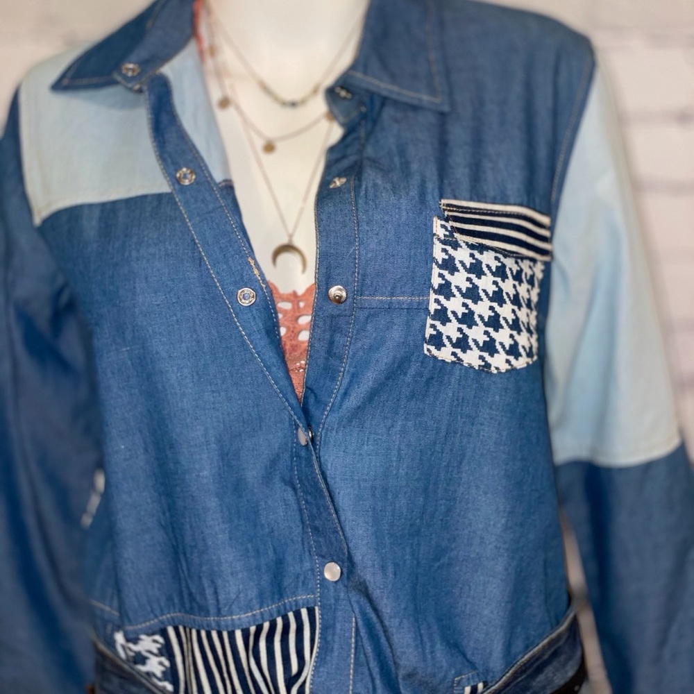 Color block denim shirt By Firmiana